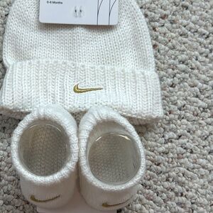 Nike White and Gold Baby Hat and Booties Set
